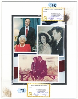 President John F. Kennedy & Lyndon B. Johnson Lock of Hair Collage (White House Barber Family Provenance)